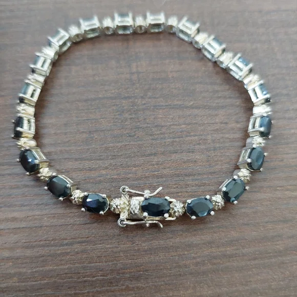Vintage 925 Genuine Dark Blue Oval Sapphire Tennis Bracelet Bracelets